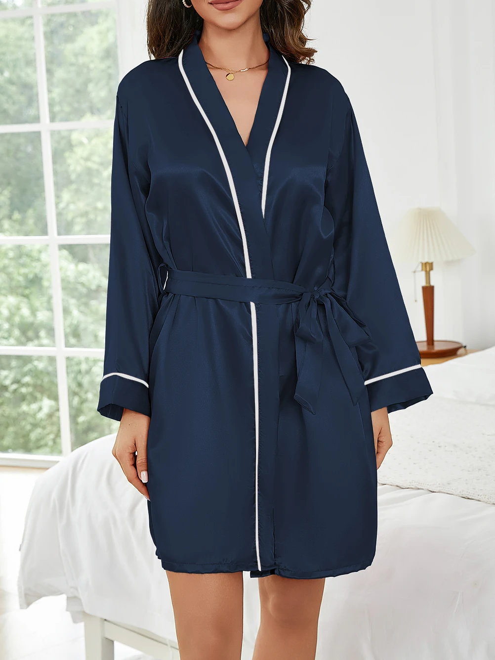 Reine Farbe Kurze Robe Frauen Sommer Dünne Hause Nachtwäsche Casual Bademantel Mode Vielseitig – Detail 21