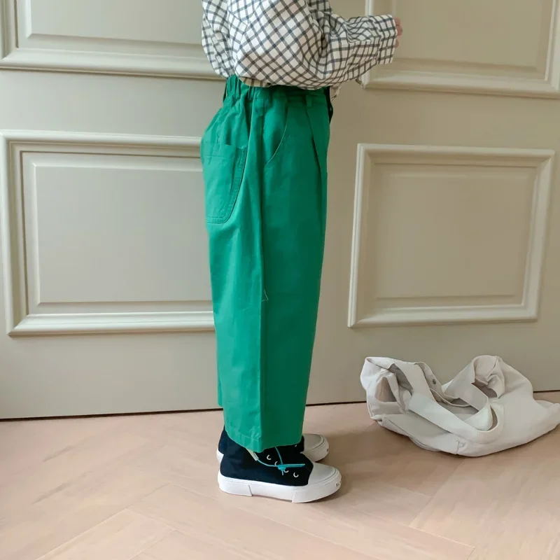 2024 Spring sibling solid color casual straight trousers Boys girls cotton loose wide leg pants