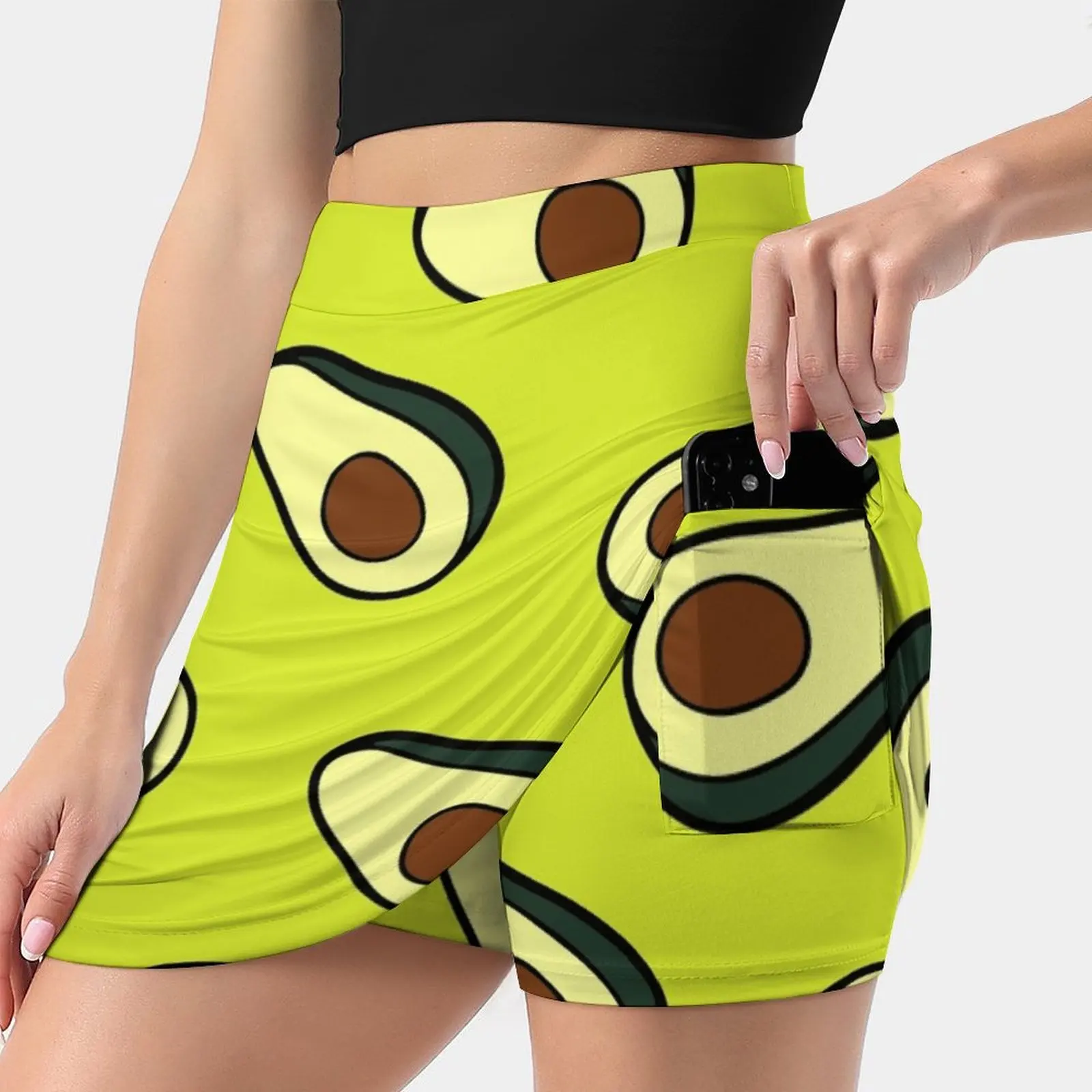 Avocado Pattern New Women Skirts Double-Layer Printed Short Dress Mini Sport Skirt Avocado Food Foody Green Brown Seed Fruit