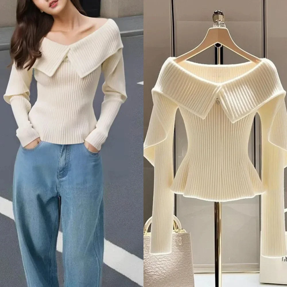 Off White Sweater Knitted Sweater Women Autumn Winter Korean Japan Lazy Unique Lapel Waist Cinched Long Sleeved Fitted Top New