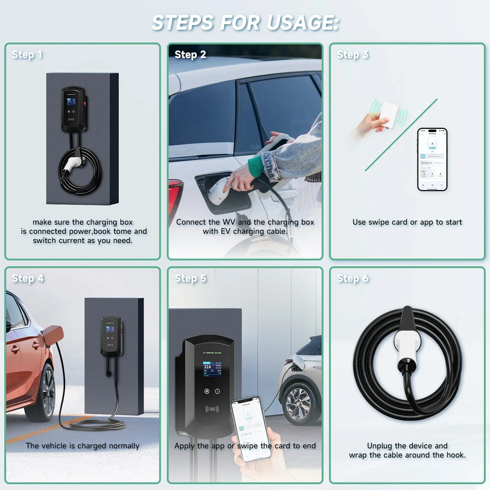 7KW 32A 1Phase EV Charging Station Type1 SAE J1772 Electric Car Charger EVSE Wallbox Wallmount Charger WiFi APP Remote Control