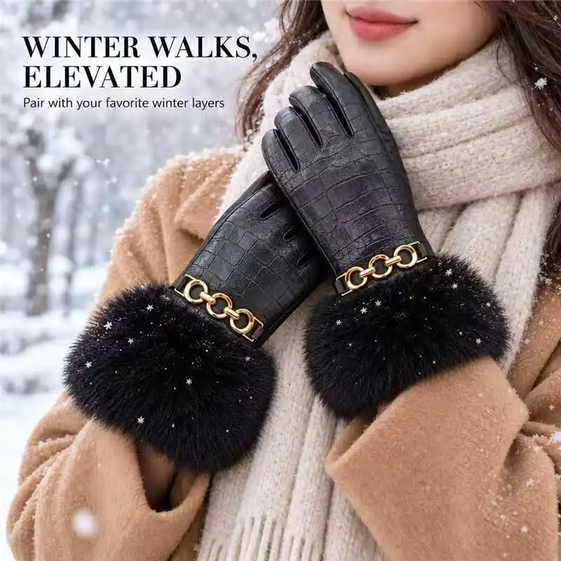 Women PU Croc Embossed Gloves, Large Furry Cuff, Back Chain Decor, Irregular Croc Pattern, Winter Touch Screen Warm Gloves