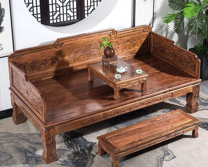 For solid wood Chinese sofa bed pineapple grid gold Huali hotel teahouse antique furniture simple zen bed