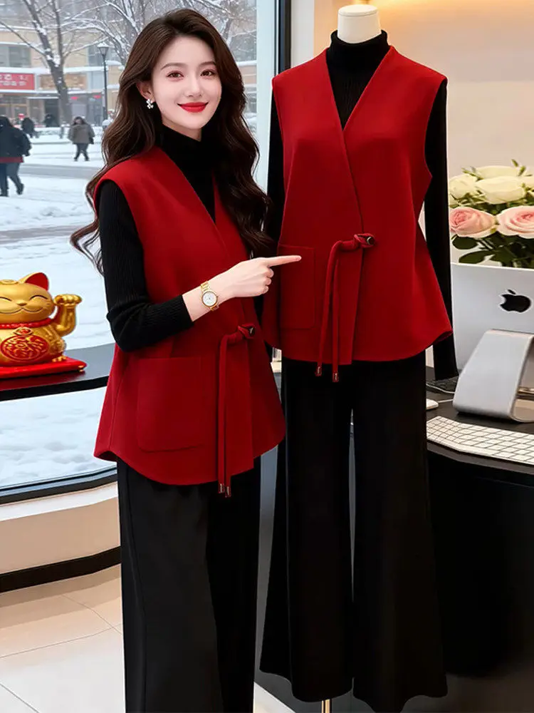 레드 차이니즈 슬레 스벨 베스트 여성용 패션 데일리 스트레이트 컷 겨울 아우터웨어 V넥 버튼 노 스벨 새해