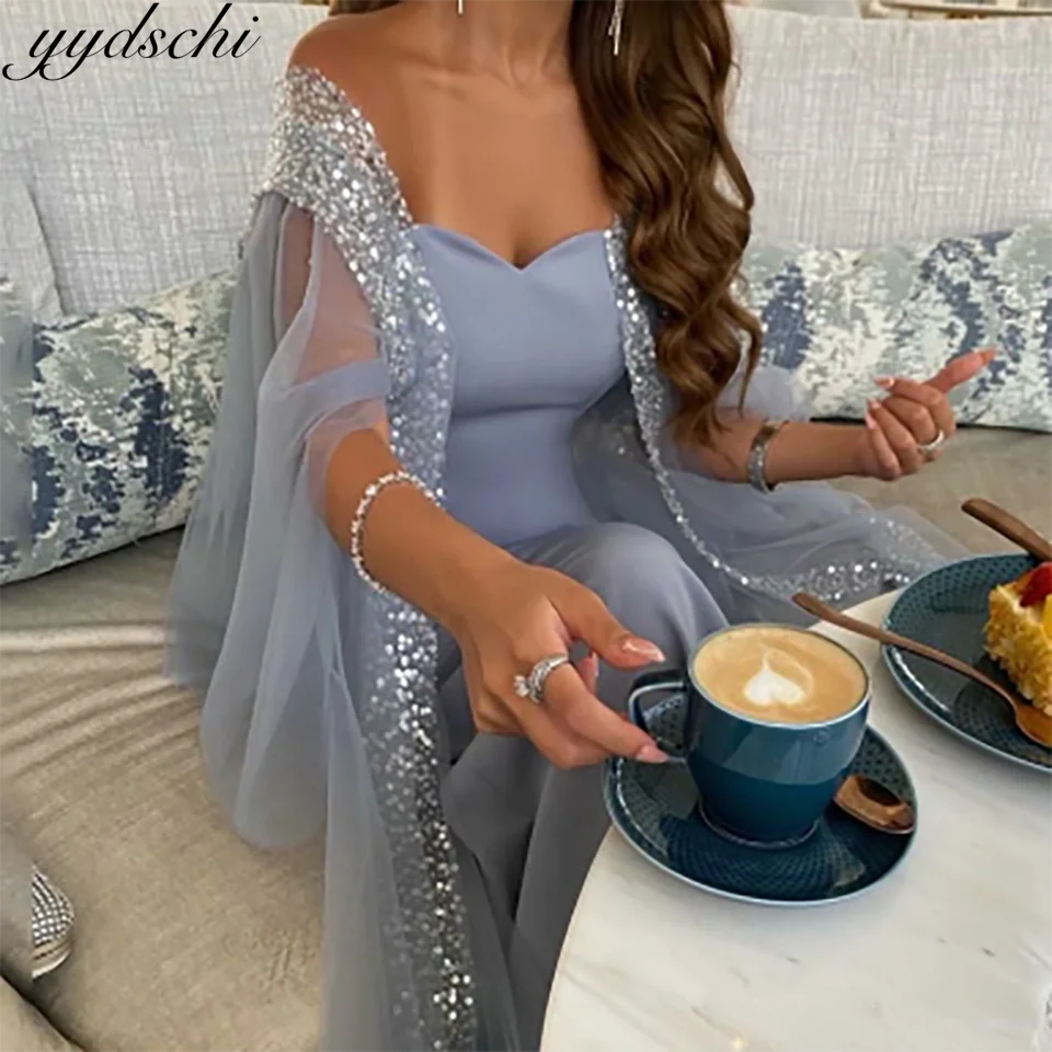 

Dubai Charming Dusty Blue Sweetheart Mermaid Wedding Dresses 2024 Chiffon Illusion Tea Length Tulle Bridal Gowns For Women