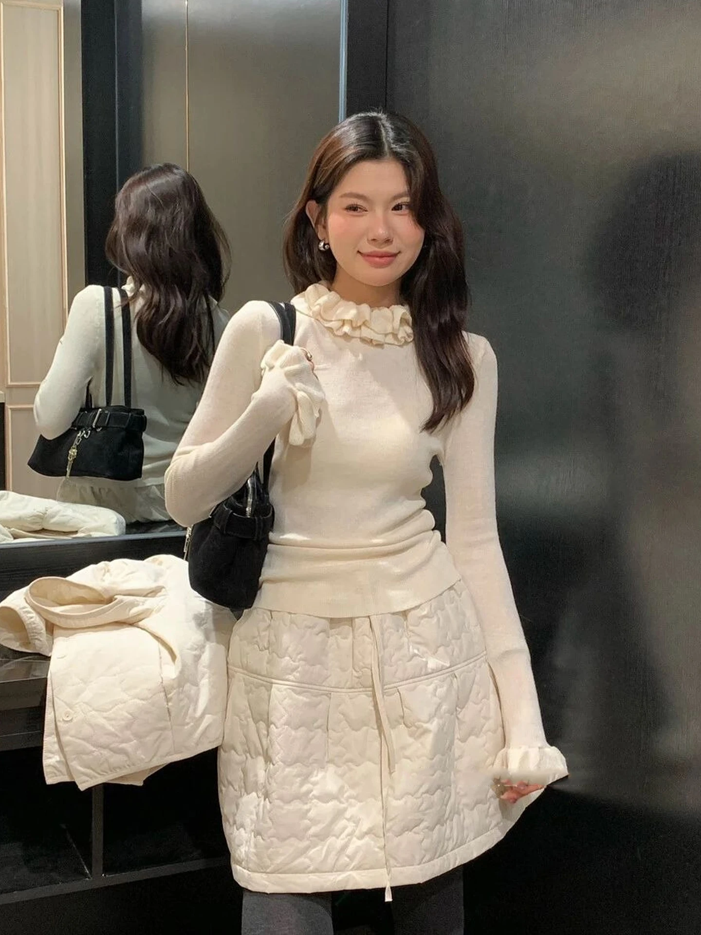 Doce ele dupla camada pétala gola plissada longa sve camiseta feminina ajuste fino base de desgaste interno irt outono inverno topo