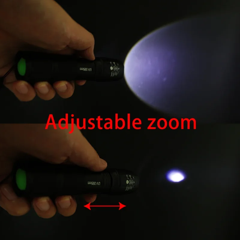 Dual Light Source Zoom Flashlight LED Purple Light Lamp Banknote Detection UV Ultraviolet Scorpion Lamp Fluorescent Detect