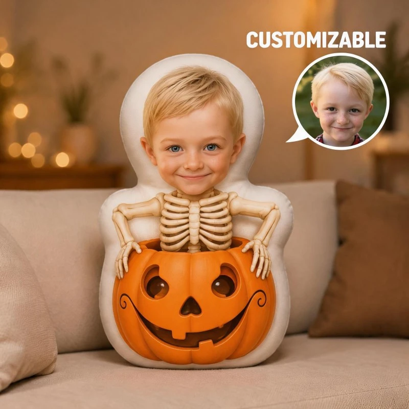 Personalized Photo Face Pillow with Custom Photo/Text & Smiling Skeleton Pumpkin Shape - Cushion Suitable for Sofa, Bed Decor, B