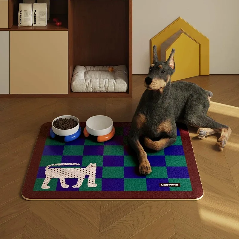 Cute Cartoon Animal Pet Placemat Waterproof Leather Dog Bowl Mat Geometric Color Contrast Pet Food Feeding Mat Floor Protector