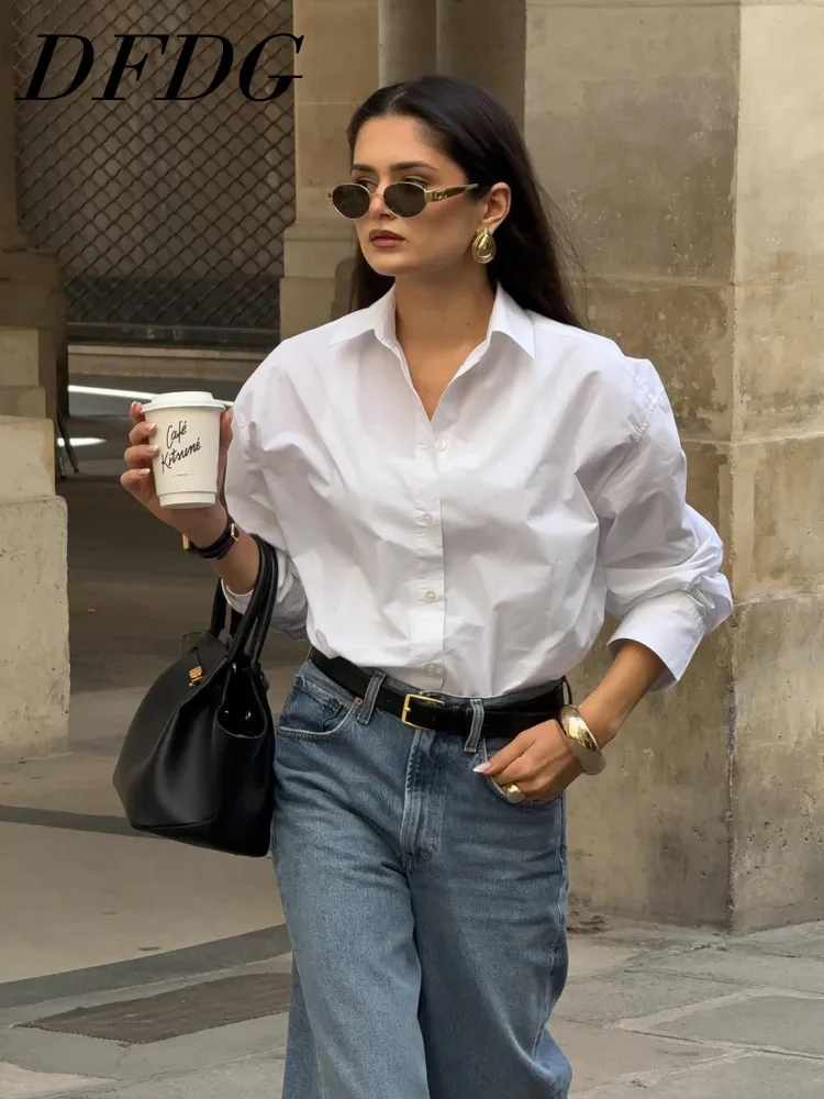 

Женская рубашка DFDG 2026 Весна-Лето, оверсайз, на пуговицах, с воротником, длинным рукавом, повседневная, для офиса, уличный стиль, блузка-рубашка