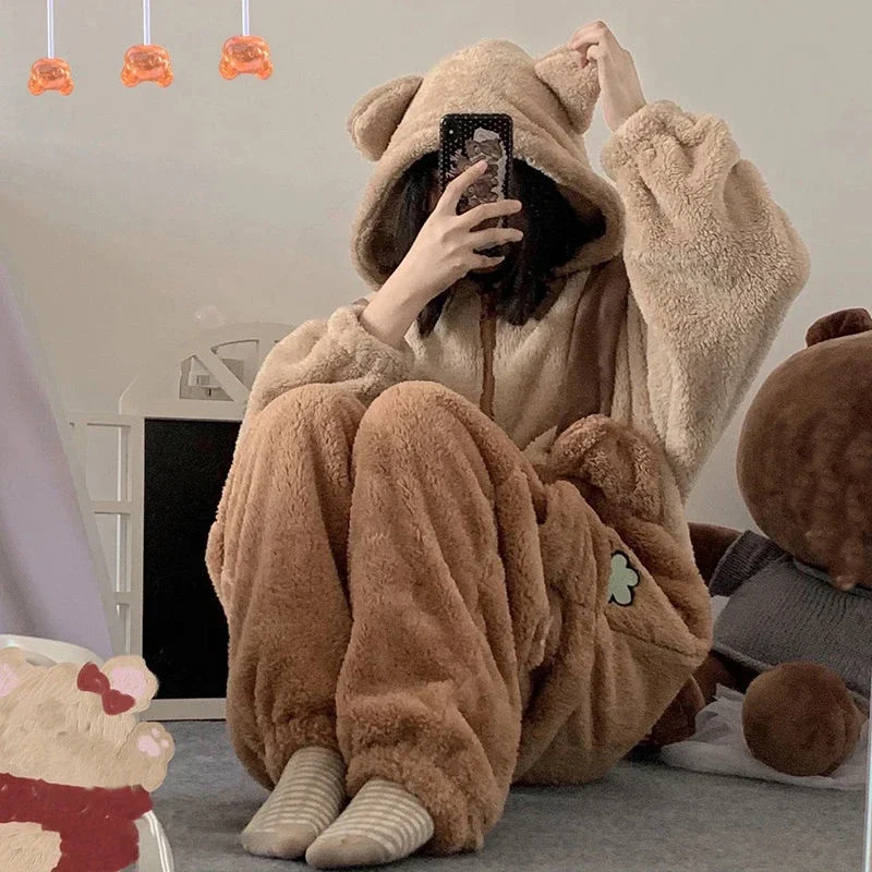 Lady's Winter One-Piece Cartoon Carrot Bear Pajamas With Two Round Ears Polyester Warm Hairy Cute Zipper Type Sleepwear Cosplay