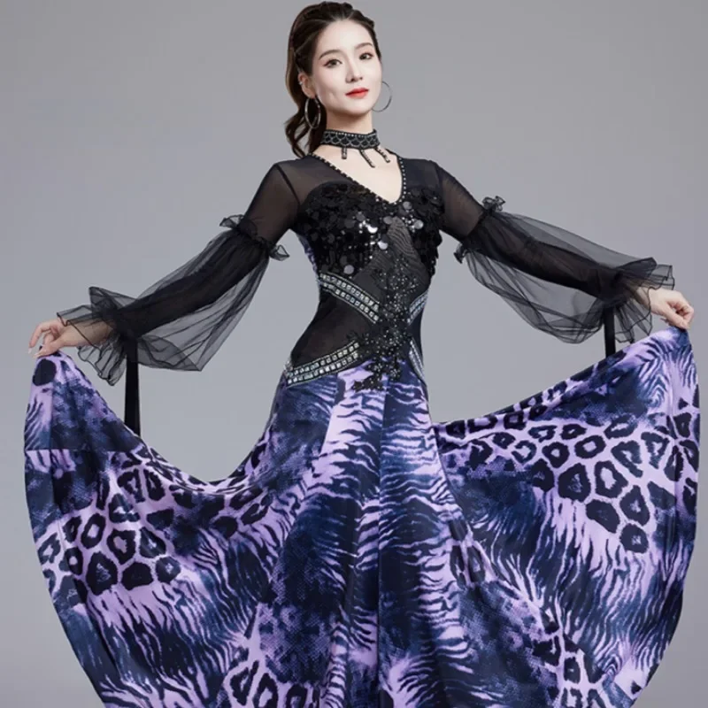 customized national standard dance dress competition showcased modern waltz social dance diamond studded leopard print dress