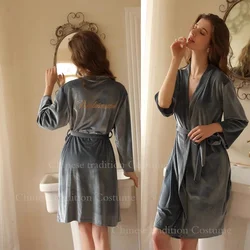 Autumn Winter Wedding Robe Warm Velour Kimono Nightgown Women Sexy Embroider Bride Bridesmaid Bathrobe Gown Loose Sleepwear