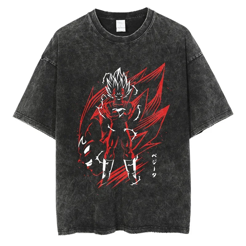 Hip Hop Streetwear Men Vintage Black Tshirt Washed Dragon Ball Anime Graphic Printing T-Shirt Summer Short Sleeve Cotton T Shirt