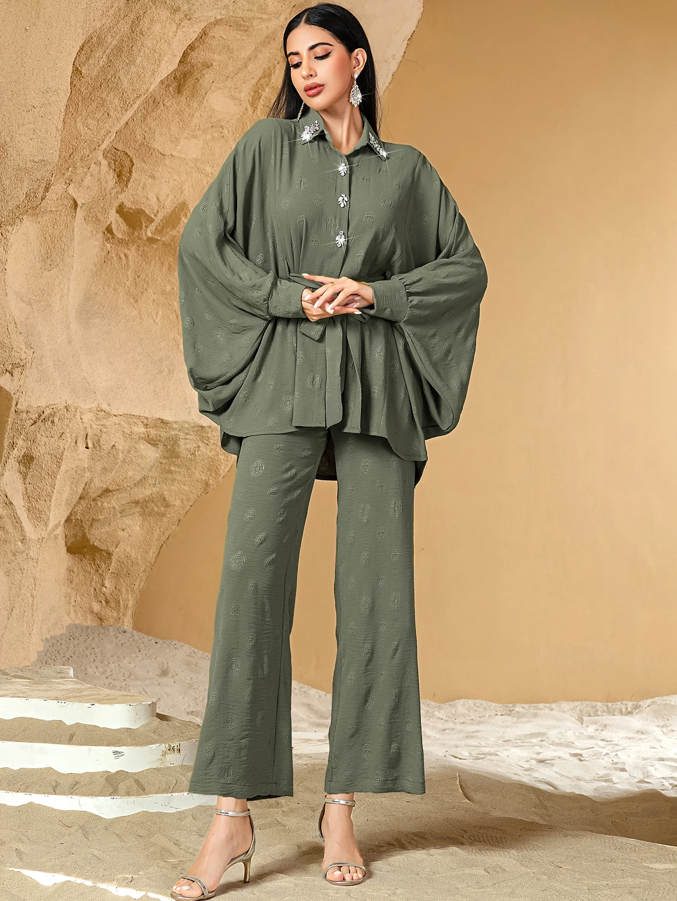 

2pcs Casual Muslim Sets for Women Diamonds Shirt Pants Dubai Abayas Tops Trousers Suit Islamic Outfits Femme Musulmane Ensembles