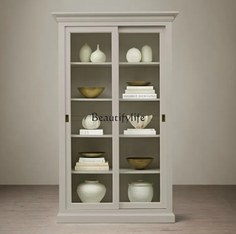 

ld14 American rural solid wood bookcase sliding door glass bookcase file side cabinet can be customized furniture
