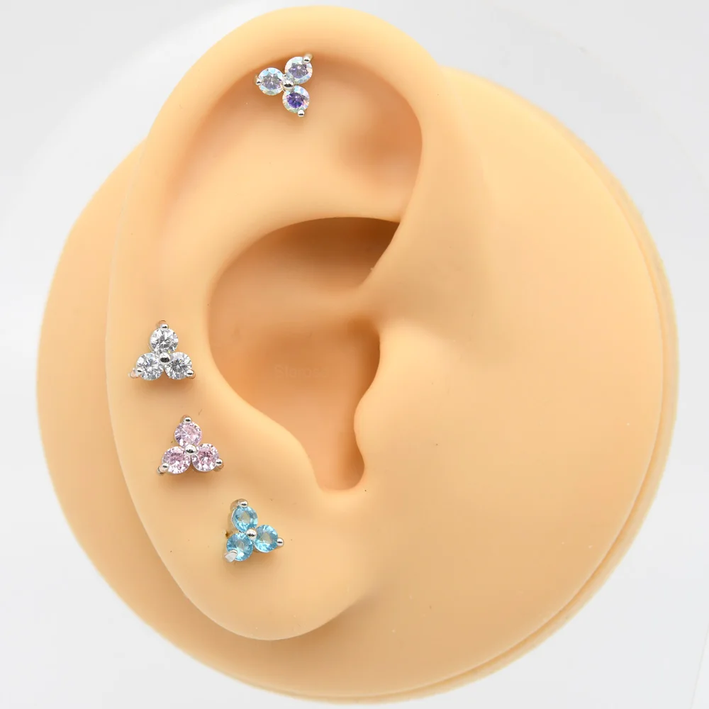 2Pcs 1.2x6/8mm Three-Gem Nose Stud Ear Piercing Labret Stud Flat Back Stainless Steel Conch Helix Piercing Cartilage Earring 16G