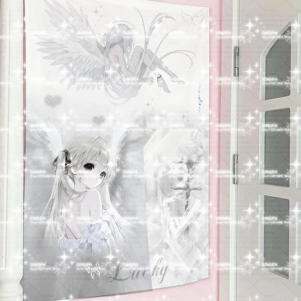 White Memories Girl Illustration Wandteppich, Wandbehang, dekorativer Wandteppich für die Innendekoration – Clear Atmosphere Decor Seri