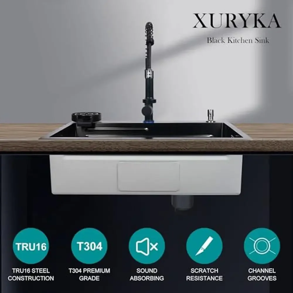 Black Stainless Steel Kitchen Sink Single Bowl with Multifunctional Workstation 360-degree Faucet Soap Dispenser Draining Rack