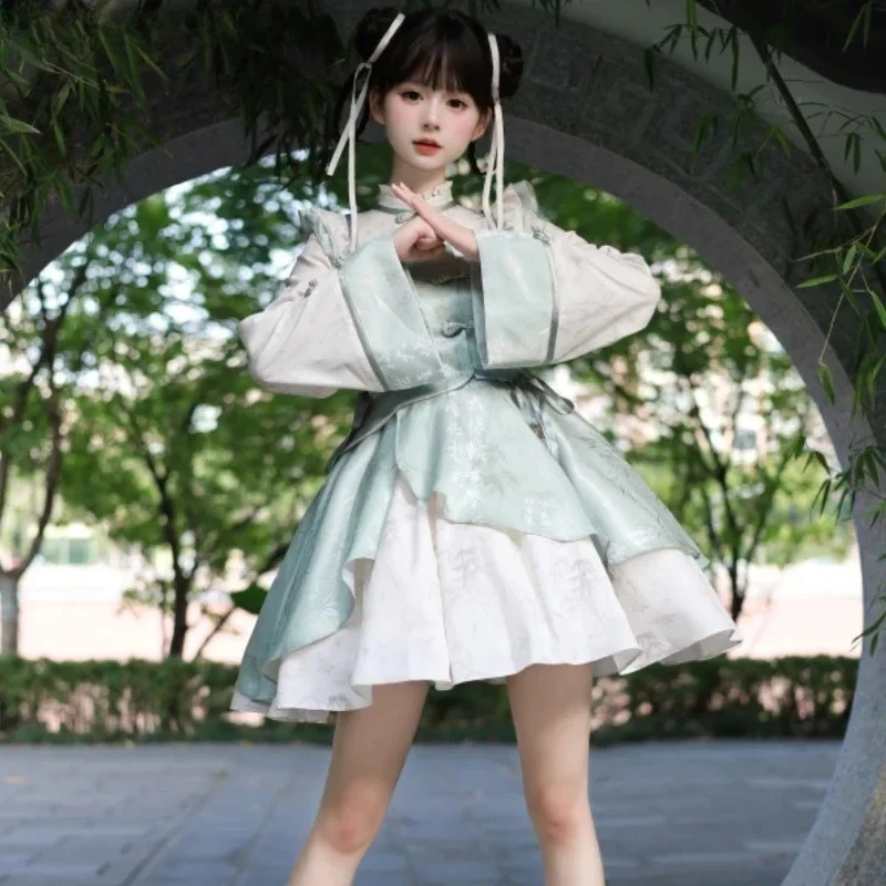 

2025 Chinese Style Vintage Lolita Princess Dress Women Elegant Gothic Bamboo Leaf Print Cheongsam Mini Dresses Green Hot Sale