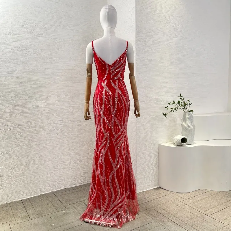 Women's Red Sequins Pressed Slit Hem Sleeveless Deep V Neck Maxi Dresses for Party 2025 Attractive Elegant High Quality