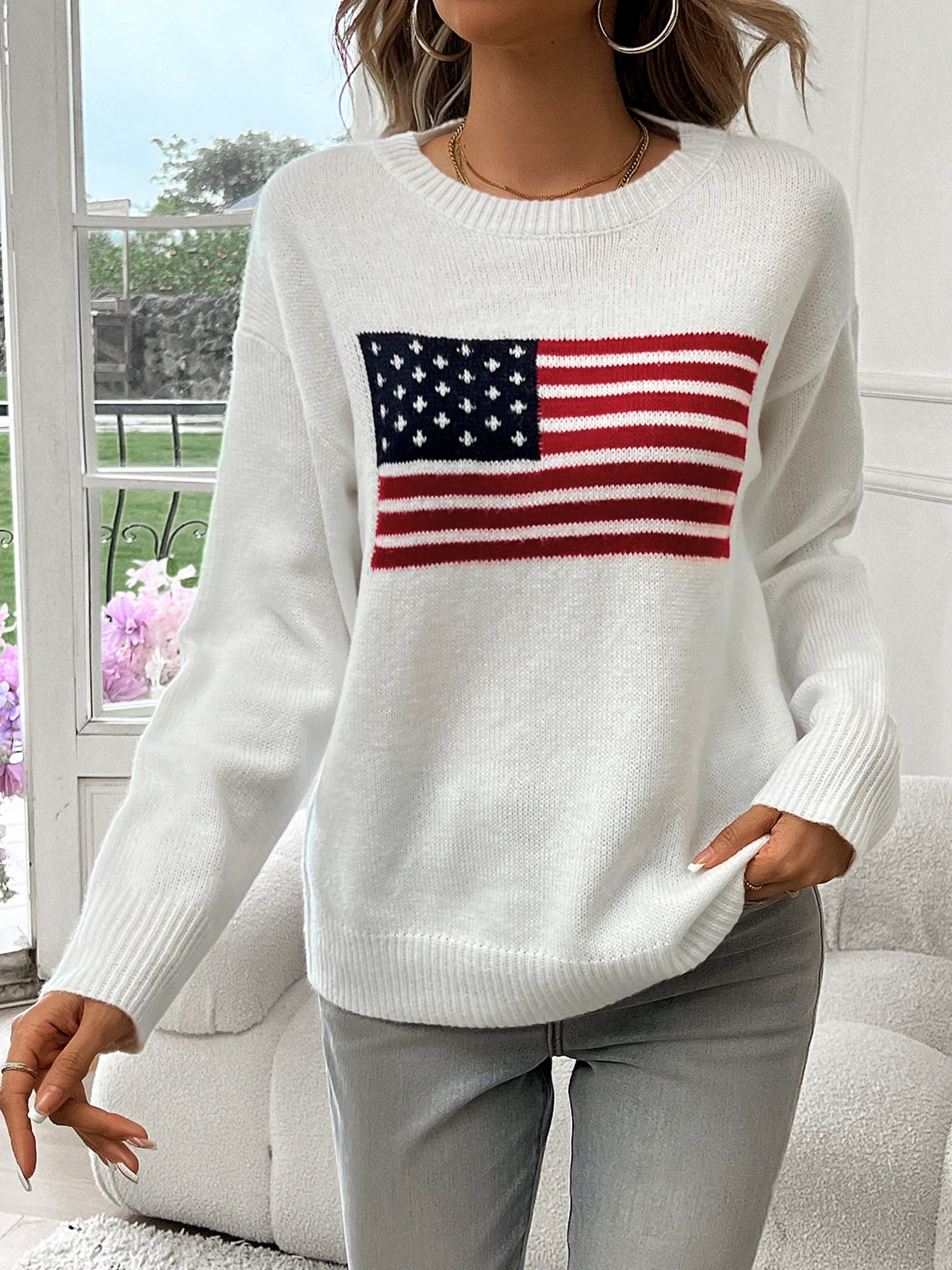 American Flag Crew Neck Long Sleeve Pullover Women\'s Sweater