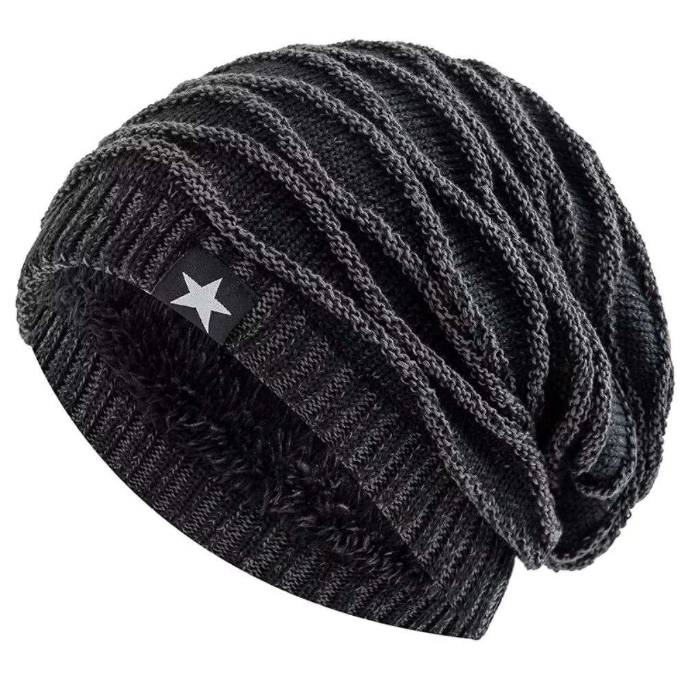 Casual Winter Beanie Hat Thickened Star Patch Knitted Winter Hat Striped Texture Keep Warm Slouchy Beanie Hat for Men and Women