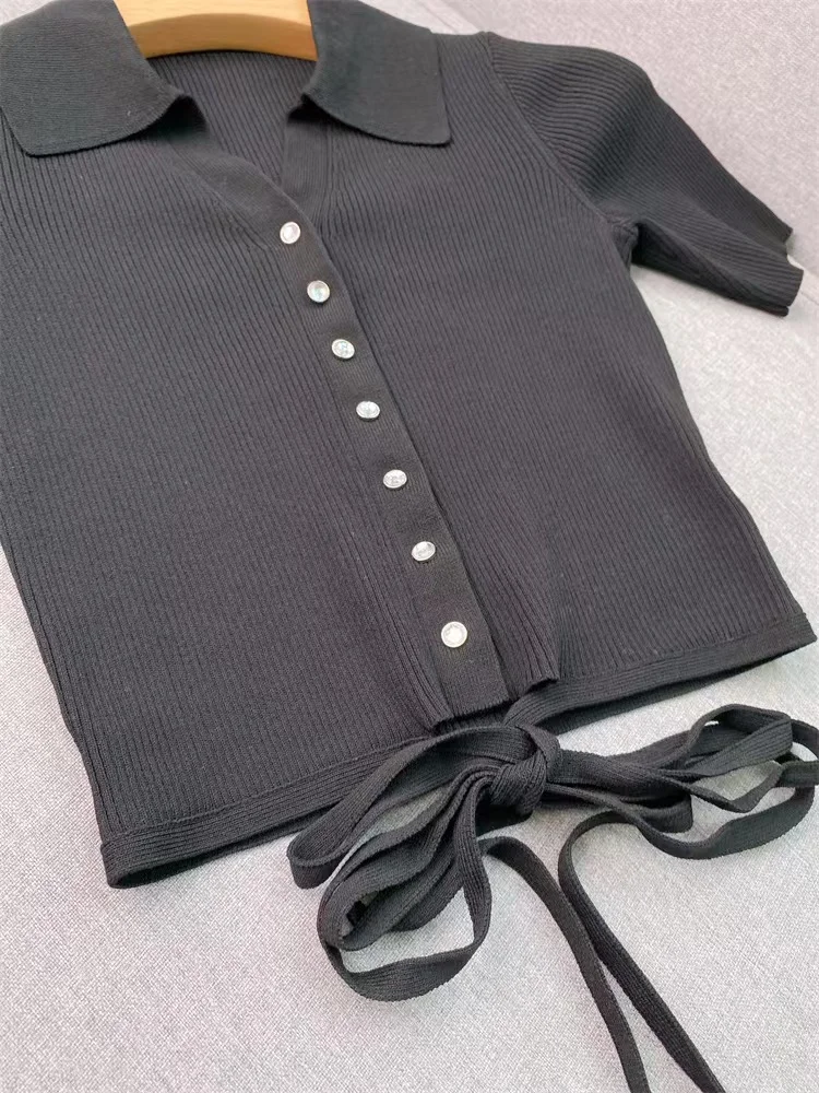 

Spring Summer New Fashion Rib Knitted Cardigan Women Casual Single Breasted Slim Short Sleeved Lace Up Sweater Tops 2024