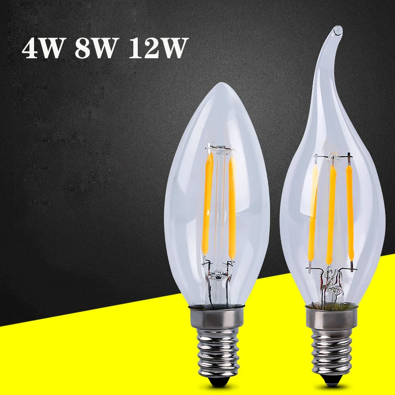 

10pcs LOT Design Energy Saving 4W 8W 12W Candle Bulb E14 AC 220V 240V C35 C35L LED Filament Light Bulb 360 Degree Lamps