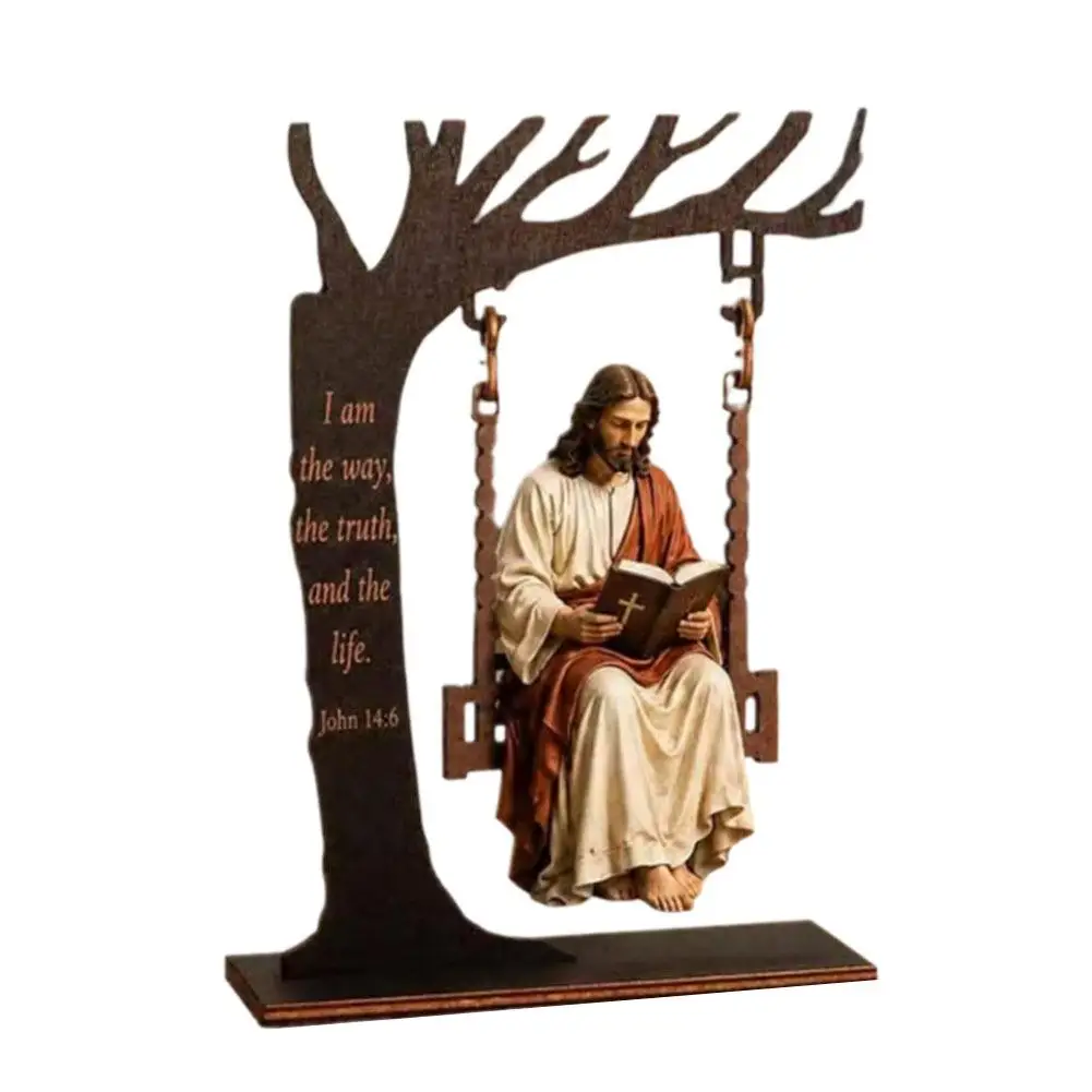 Wooden Jesus Reading Bible Swing Desktop Ornament 19×14cm, Engraved Scripture Religious Tabletop Statue, Modern Decoration