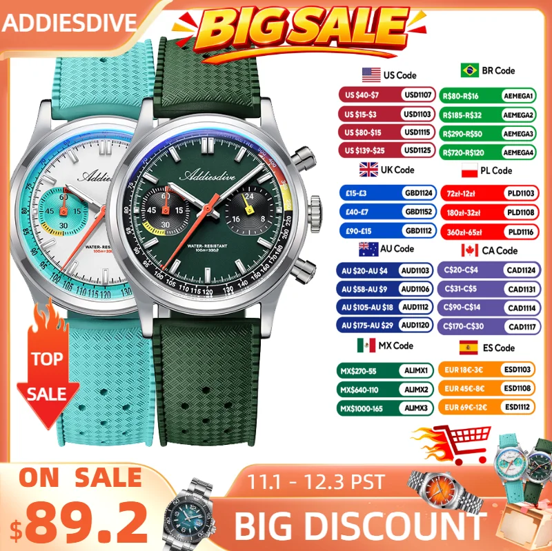 ADDIESDIVE New Men Watch 38mm VK64 Chronograph Fluororubber Luxury Domed Glass BGW9 Luminous 100m Waterproof Quartz Wristwatch