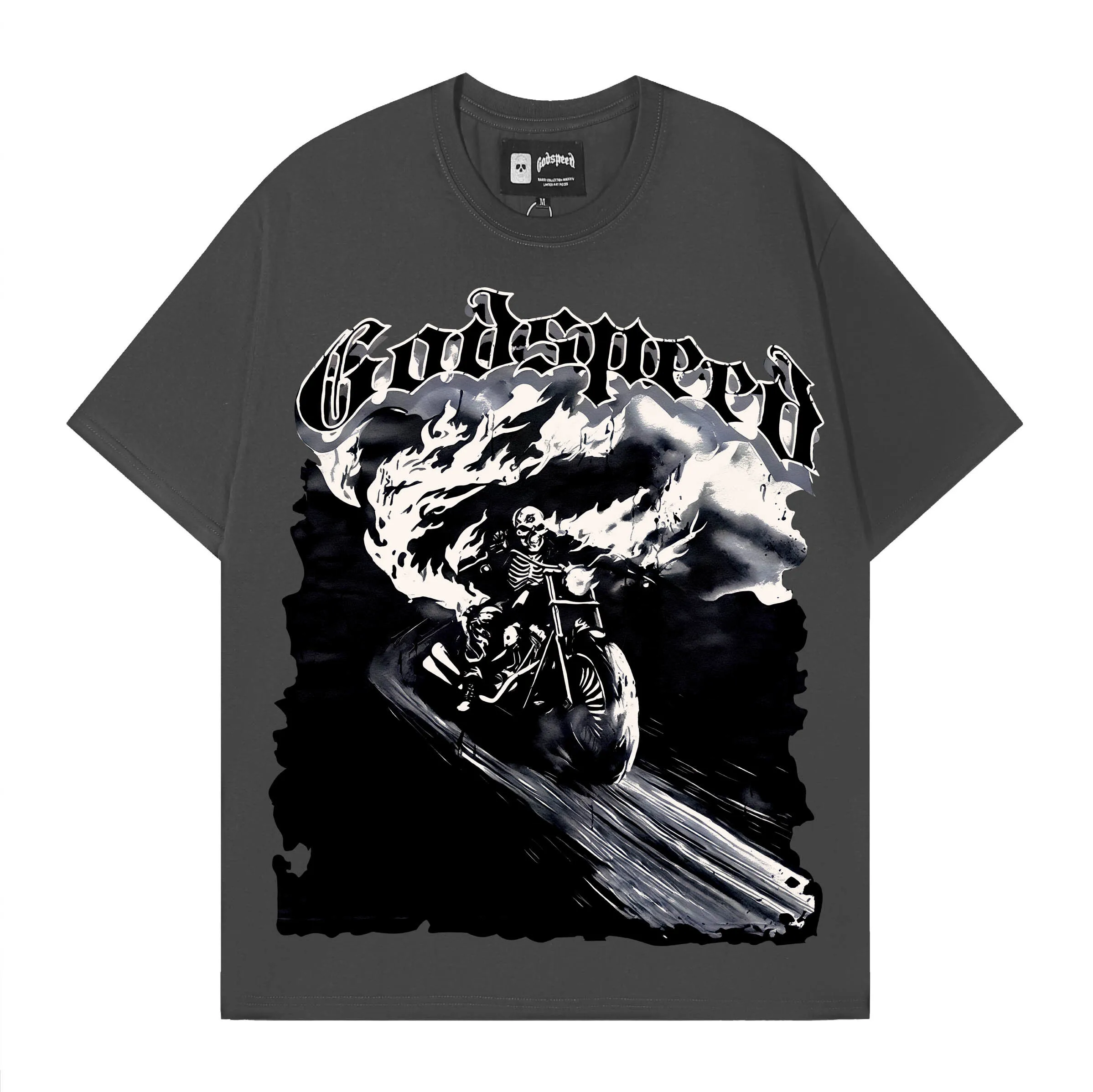 Heavyweight Godspeed American Retro Skeleton Print INS Hip Hop Rock Summer Loose Pure Cotton Short Sleeve T-Shirt Streetwear ...