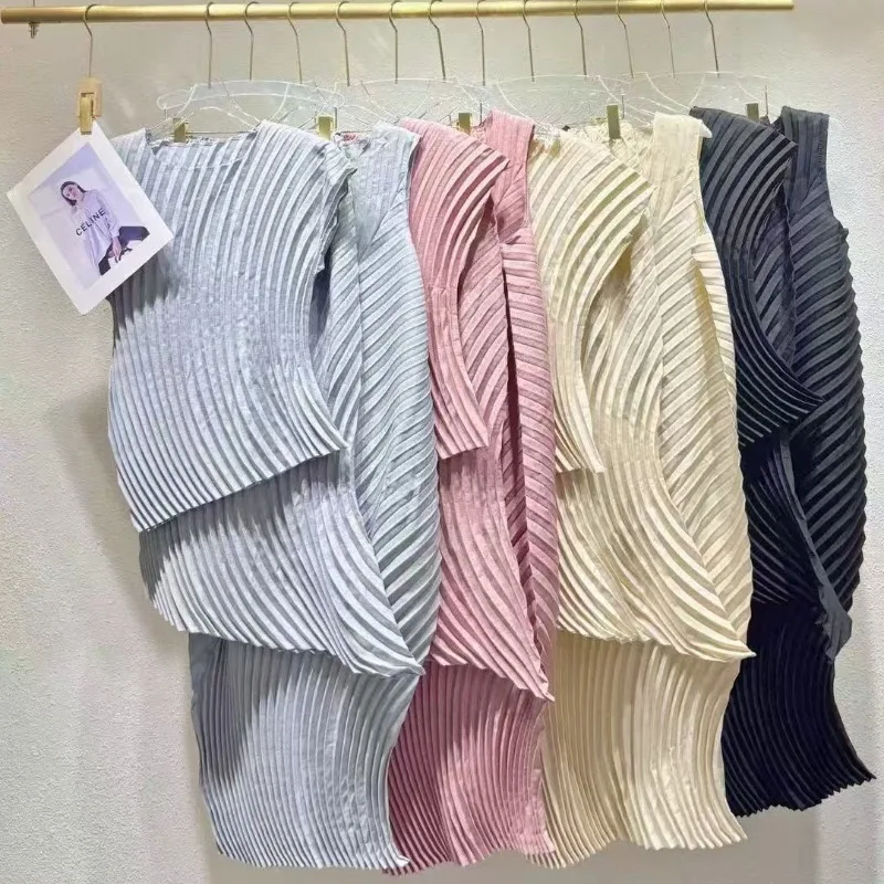 ชุดจีบพลีททำมือสไตล์มิยาเกะ สำหรับผู้หญิง ฤดูร้อน รุ่นใหม่ เสื้อครึ่งตัว กระโปรงทรงเอ ดีไซน์เรียบหรู สวมใส่สบาย สไตล์ลำลอง เสื้อผ้าผู้หญิงสไตล์เกาหลี ไม่ยับง่าย