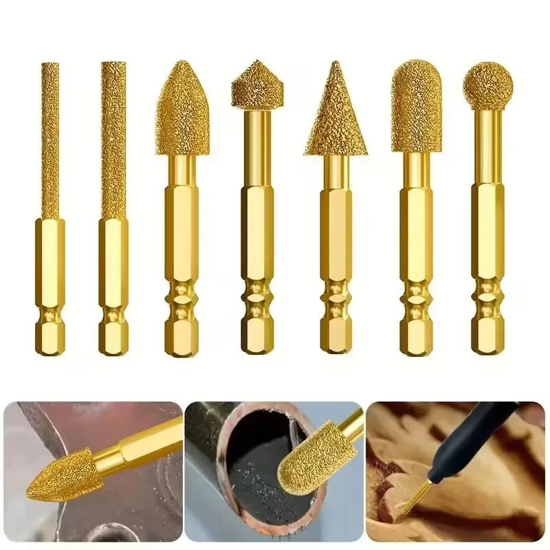 Diamant-Schleifkopf 6mm Universal-Schaft, gelötete Rotationsfeile für Metall, Stein, Glas, Gusseisen, Keramik zum Schleifen, Polieren und Schnitzen