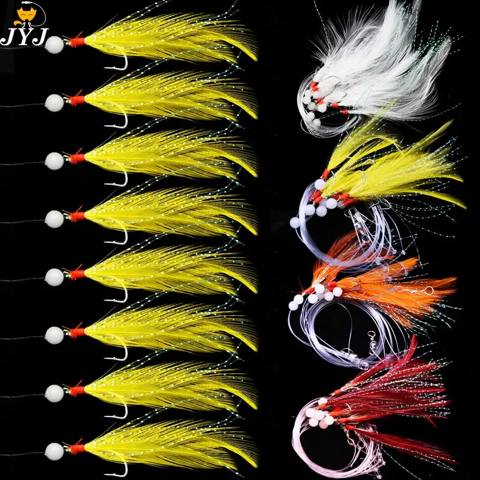 JYJ 8 arms Sabiki Rigs Saltwater Artificial Fishing Lures Luminous Sea Bait Mackerel Pesca Tackle string Hooks Feather Hook Cod