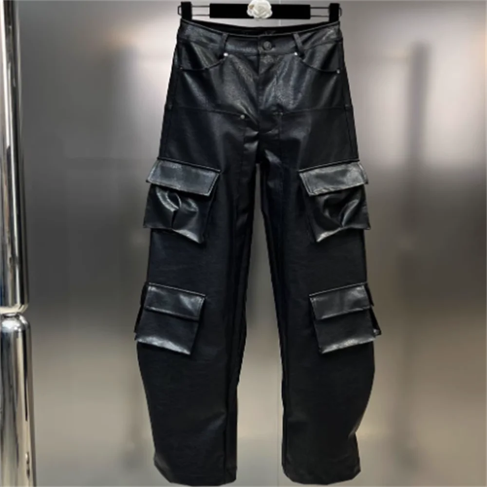 

Pocket design Straight PU leather trousers women girls overalls cargo pants