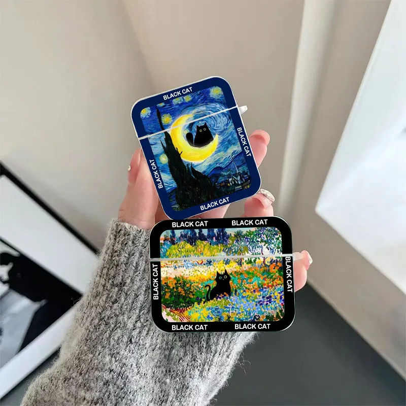 

Retro Oil Painting Van-Gogh Black Cat Earphone Case for Airpods 4th 3rd 2 Pro Covers for Airpod 2 3 1 Protective Shell Fundas
