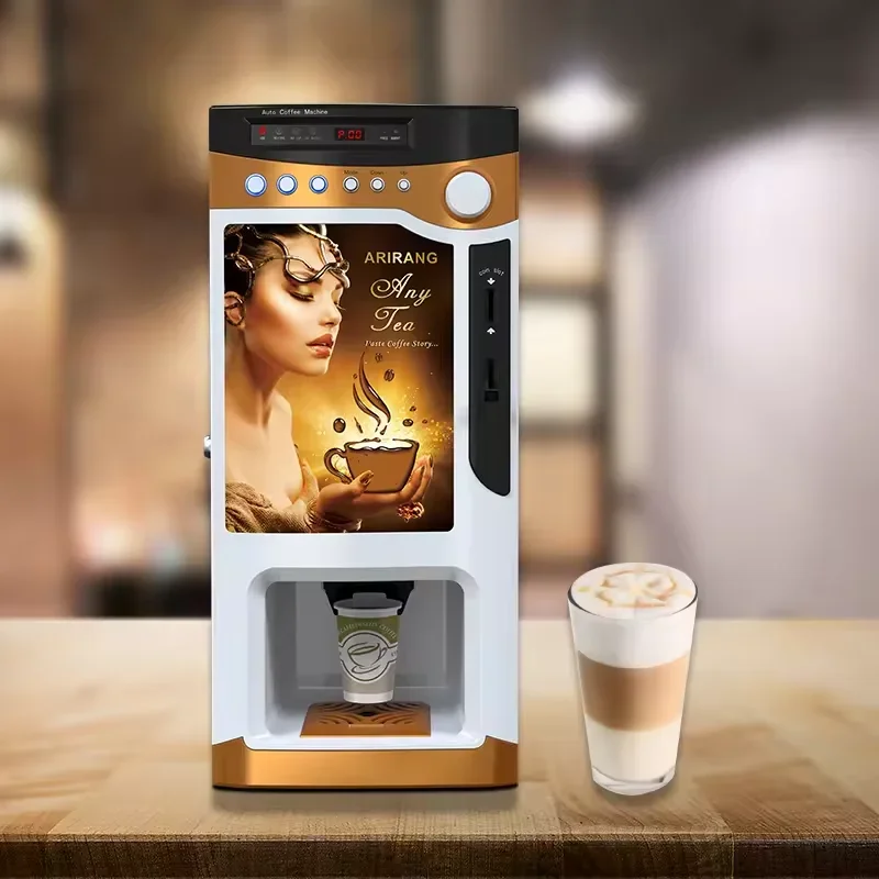 Máquina comercial inteligente de 3 sabores, cappuccino quente, latte, máquina de venda automática de café instantâneo com pagamento operado por moedas