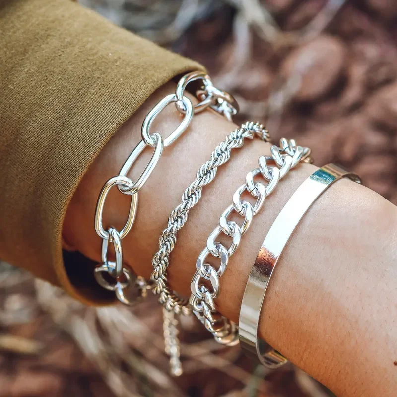 4pcs/set Hiphop Exaggerated Golden Fried Dough Twists Chain Bracelets Fashion Simple Geometric Jewelry Women for Commuting image 5