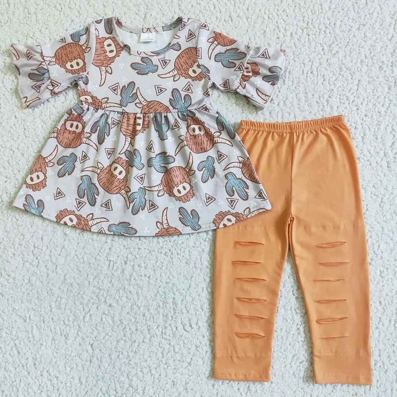 New Spring Arrival Kids Girl Alpine Cow Cactus Ripped Brown Suit Boutique Wholesale Baby Girls Children Clothing Outfits