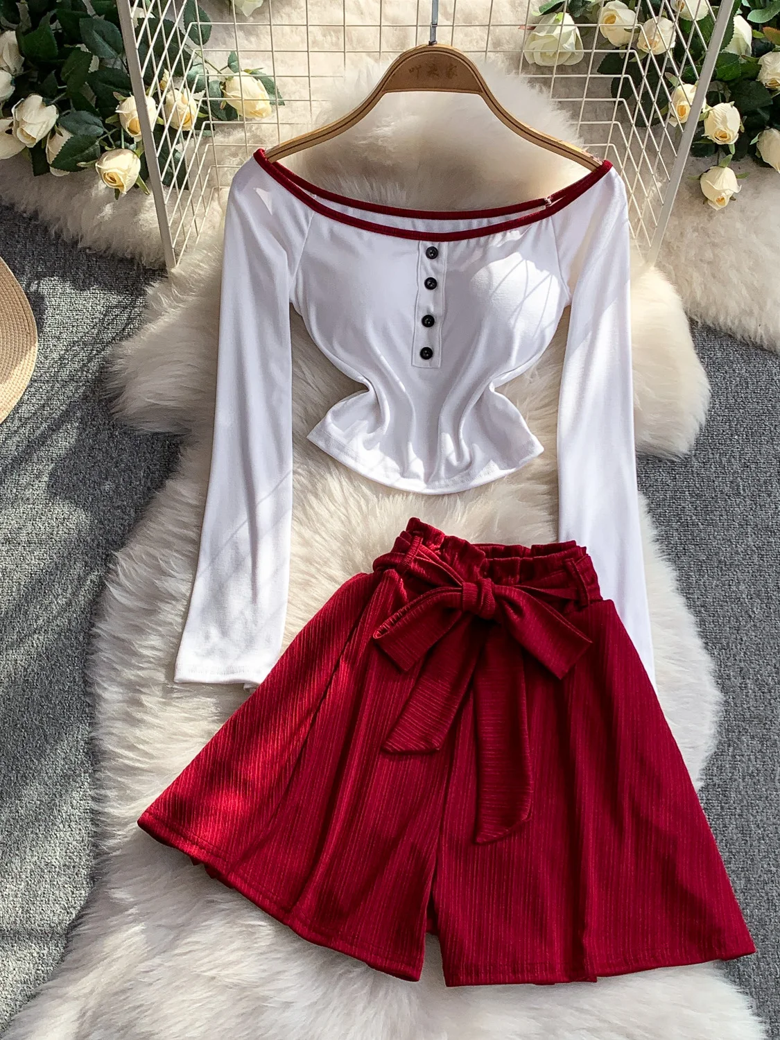 Conjunto Casual de Calças de Cintura Alta e Sem Alças, Calças de Pernas Largas, Top com Laço, Conjunto Slimming de Duas Peças