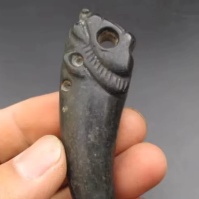 China Hongshan Culture Meteorite Jade Carved Tiger Head Old Tooth Amulet Decorative Display