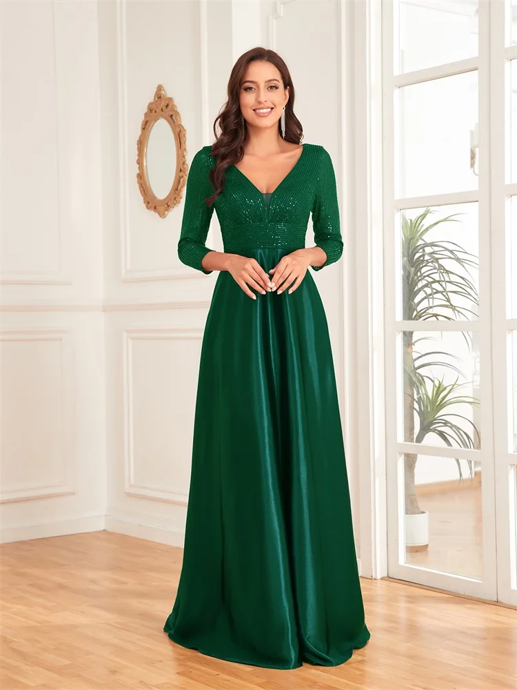 Lucyinlove-Vestido de luxo com decote em v verde lantejoulas feminino, festa de casamento elegante, vestido longo de baile, 2022