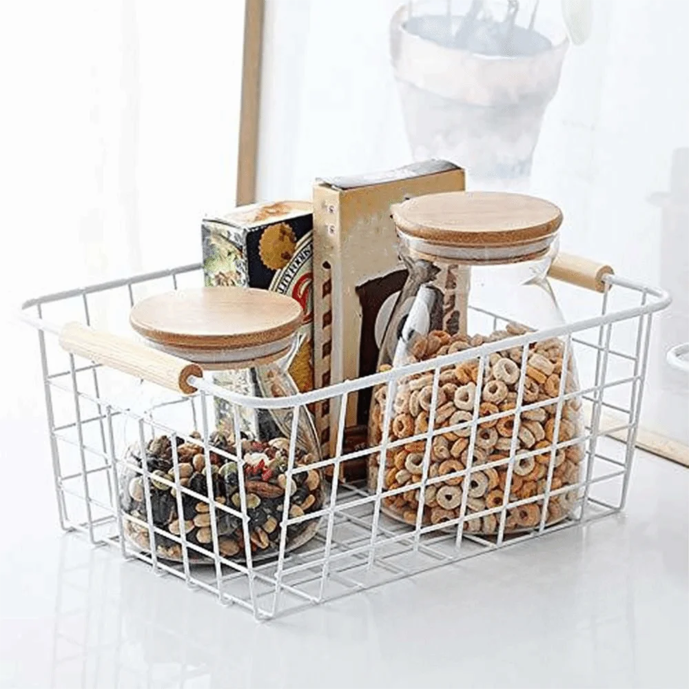 Schreibtisch-Aufbewahrungskorb aus Metall, rechteckig, mit Holzgriff, Eisen, verdrahteter Korb, Weiß, Schwarz, großes Fassungsvermögen