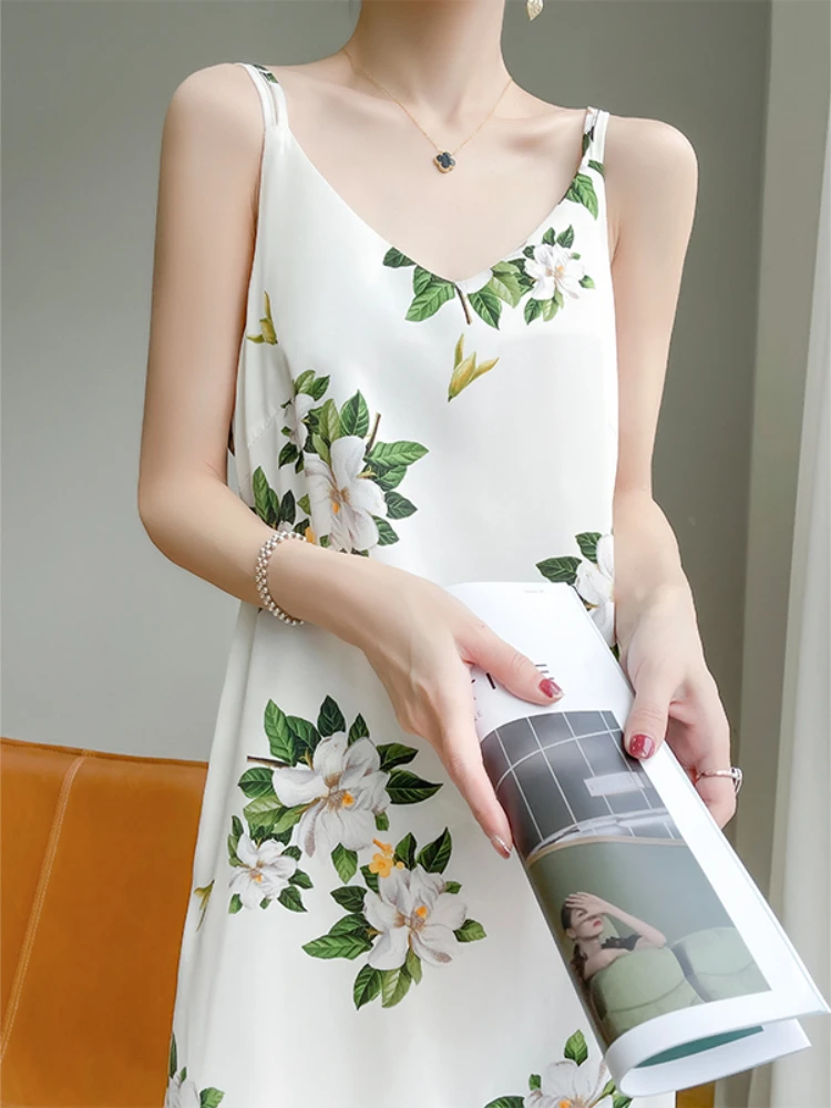 Suspender Dress Female Summer Wear Printed Long Skirt Silk-Like High-Quality Satin Bottoming A-Line Skirt