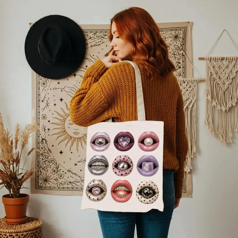 Retro Lip Collage Storage Bags Double-Sided Printed Canvas Tote Bag Eco-Friendly Reusable Large Capacity Handbag