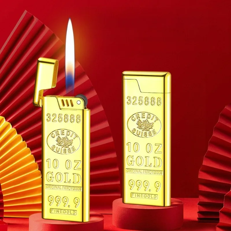 Ultra Thin Gold Bar Design Windproof Open Flame Butane Gas Lighter Classic Grinding Wheel Ignition Outdoor Portable Igniter 8mm