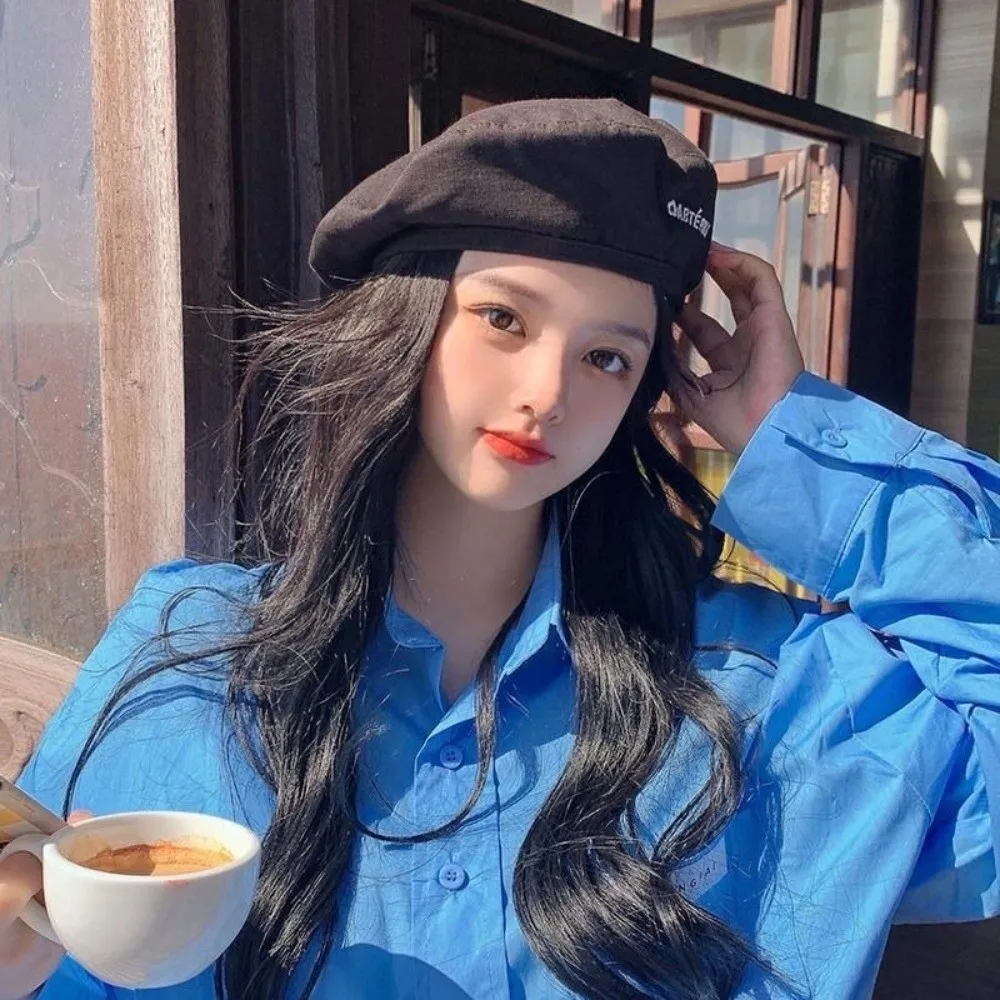 Topi Baret Wanita Motif Kotak-kotak Manis Dua Sisi Warna Solid Topi Beanie Wanita Topi Pelukis Topi Oktagonal Jepang Wanita