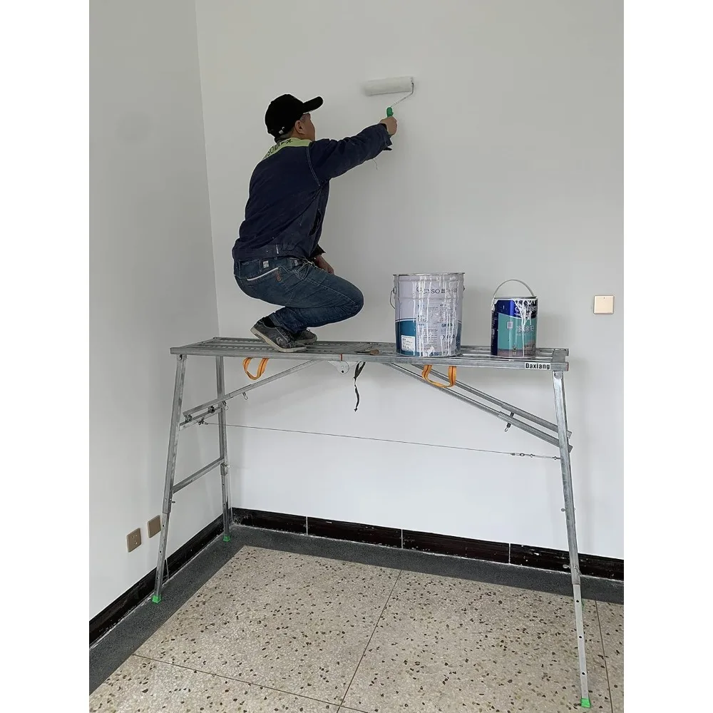 منصة سقالات محمولة 55 (طول) × 15 (عرض) × 27-43 (ارتفاع) بوصة منصة عمل قابلة للتعديل ارتفاع فولاذ 600 رطل سعة تحميل قابلة للطي #6