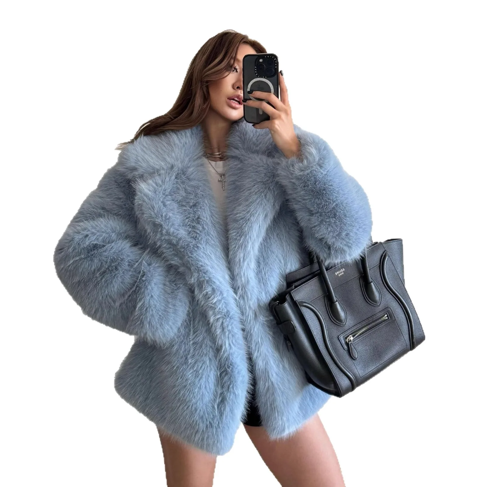 Neuer hochwertiger Fuchspelzmantel aus Imitation für Damen, mittlere bis lange, modische, warme Herbst- und Winter-Imitat-Pelzjacke